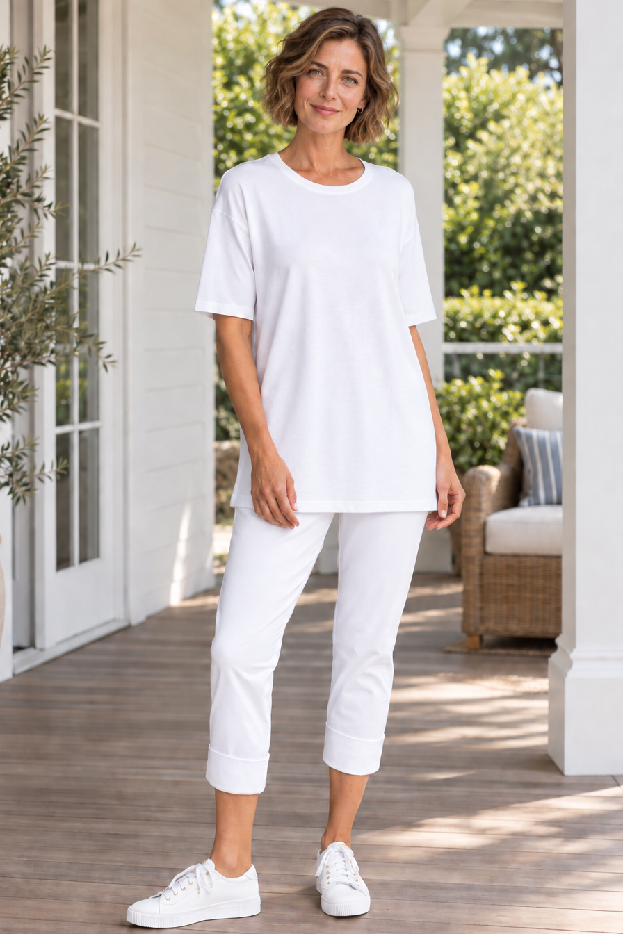 White Wide Cuff Capri Pants, showing the cropped silhouette