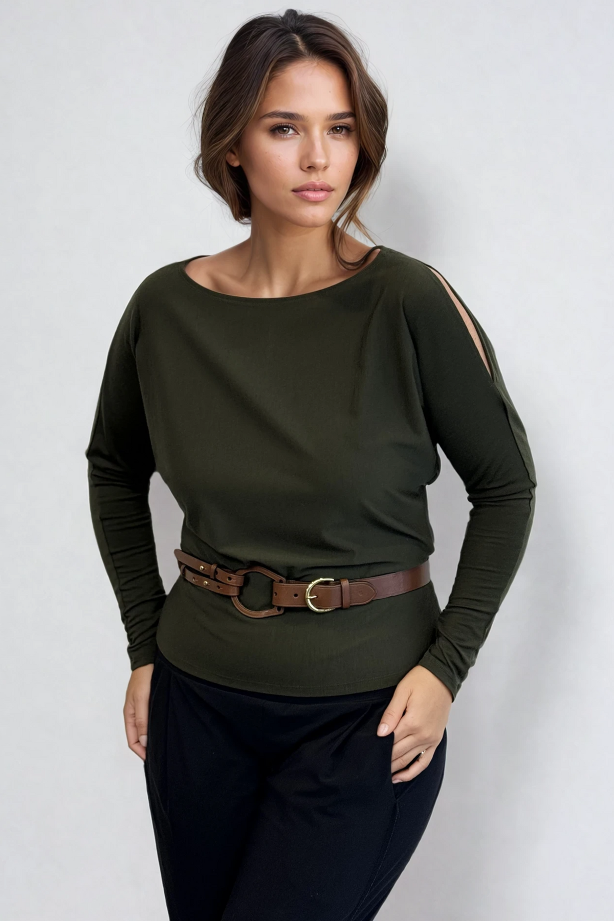 PAULA RYAN Cold Shoulder Batwing Top Merino - Khaki - Paula Ryan