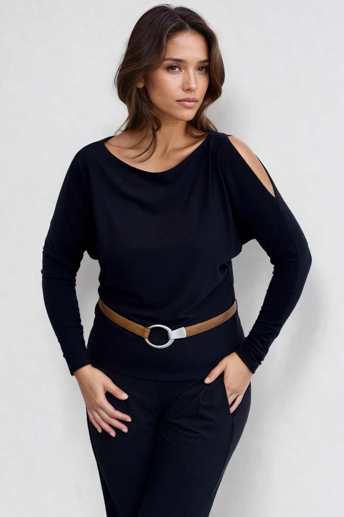 PAULA RYAN Cold Shoulder Batwing Top Merino - Navy - Paula Ryan