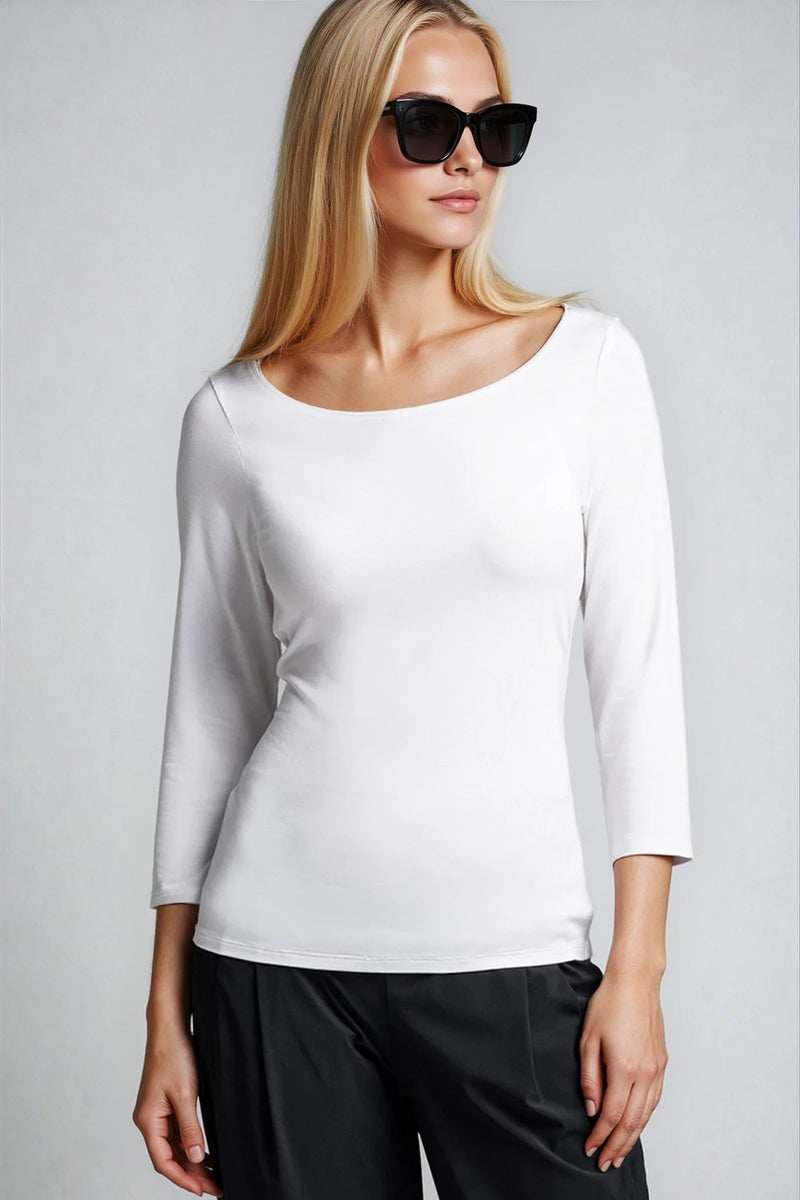 PAULA RYAN Slim Fit 3/4 Sleeve Wide Neck Top - Eco Vero White