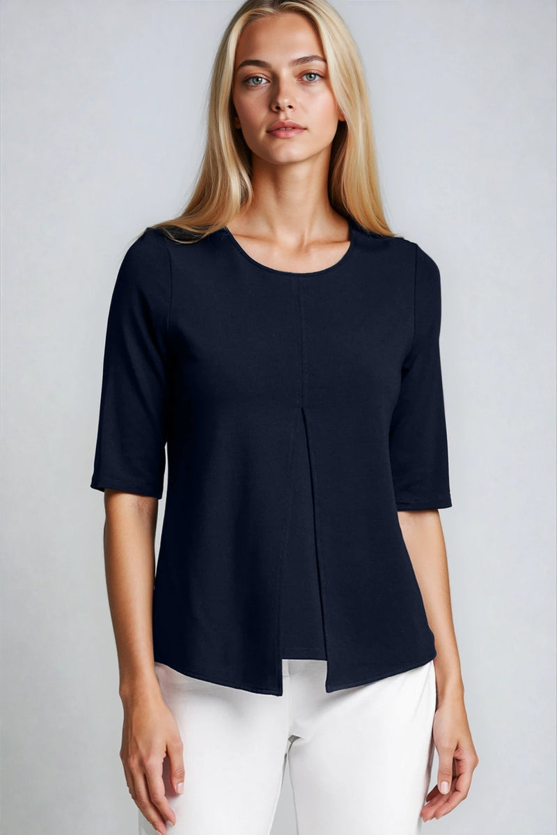 PAULA RYAN ESSENTIALS Box Pleat Half Sleeve Top - Ecovero Navy