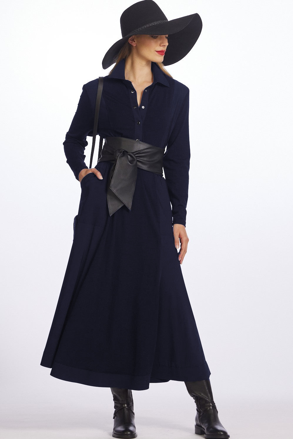 PAULA RYAN High Waist Panel Shirt Dress Navy Merino/Microjersey