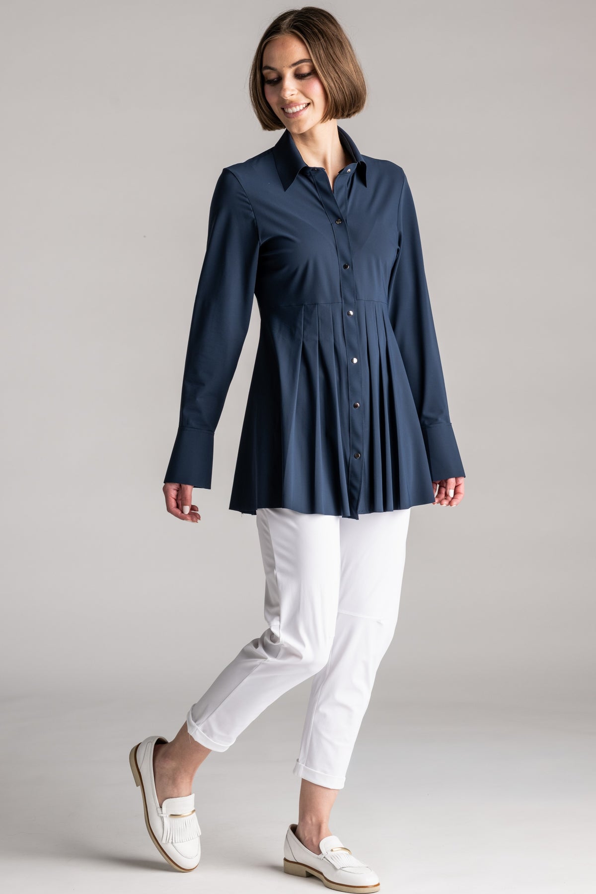 PAULA RYAN Tucked Waist Shirt - Microjersey Shadow Blue