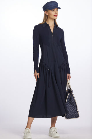PAULA RYAN Zip Front Drawcord Dress - Navy Microjersey/Merino