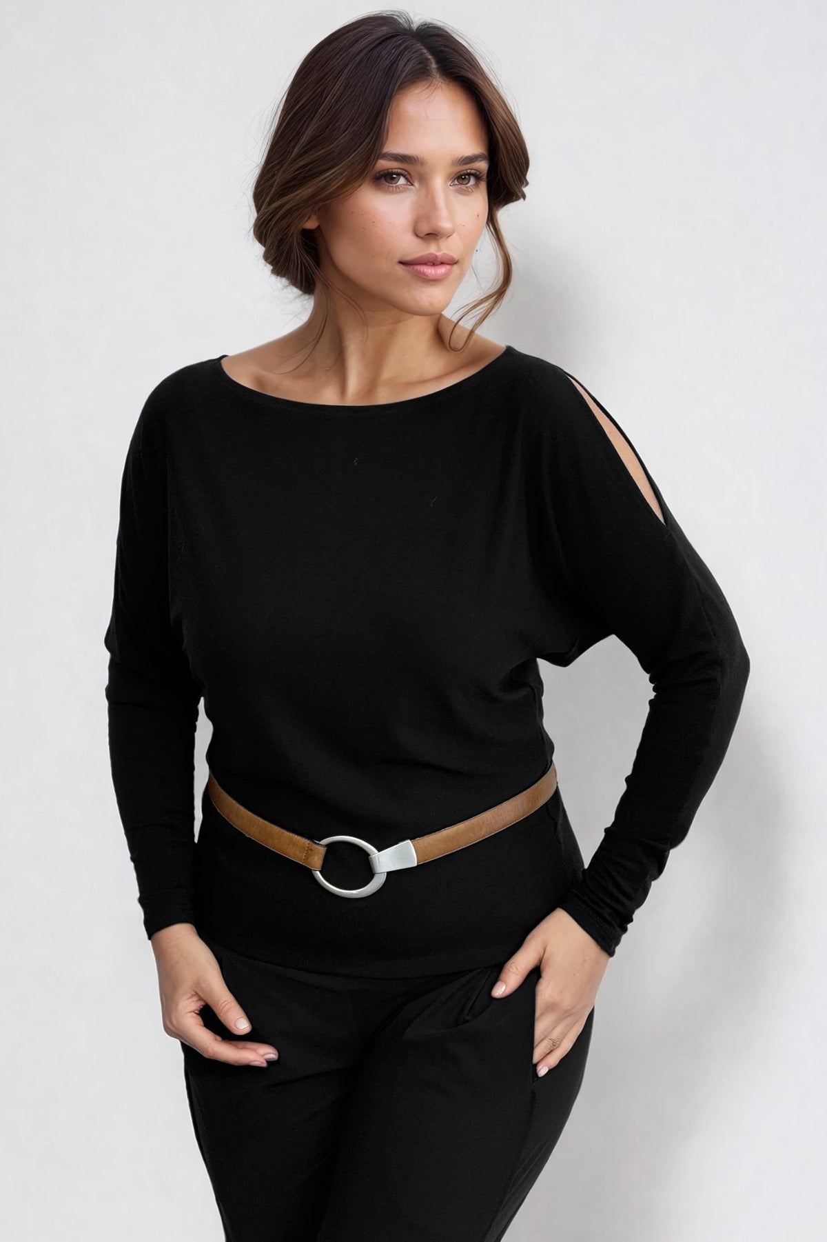 PAULA RYAN Cold Shoulder Batwing Top Merino - Black - Paula Ryan