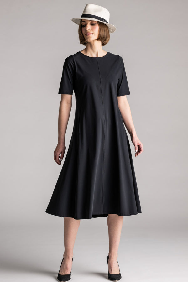 PAULA RYAN Crew Neck Swing Dress Microjersey - Black