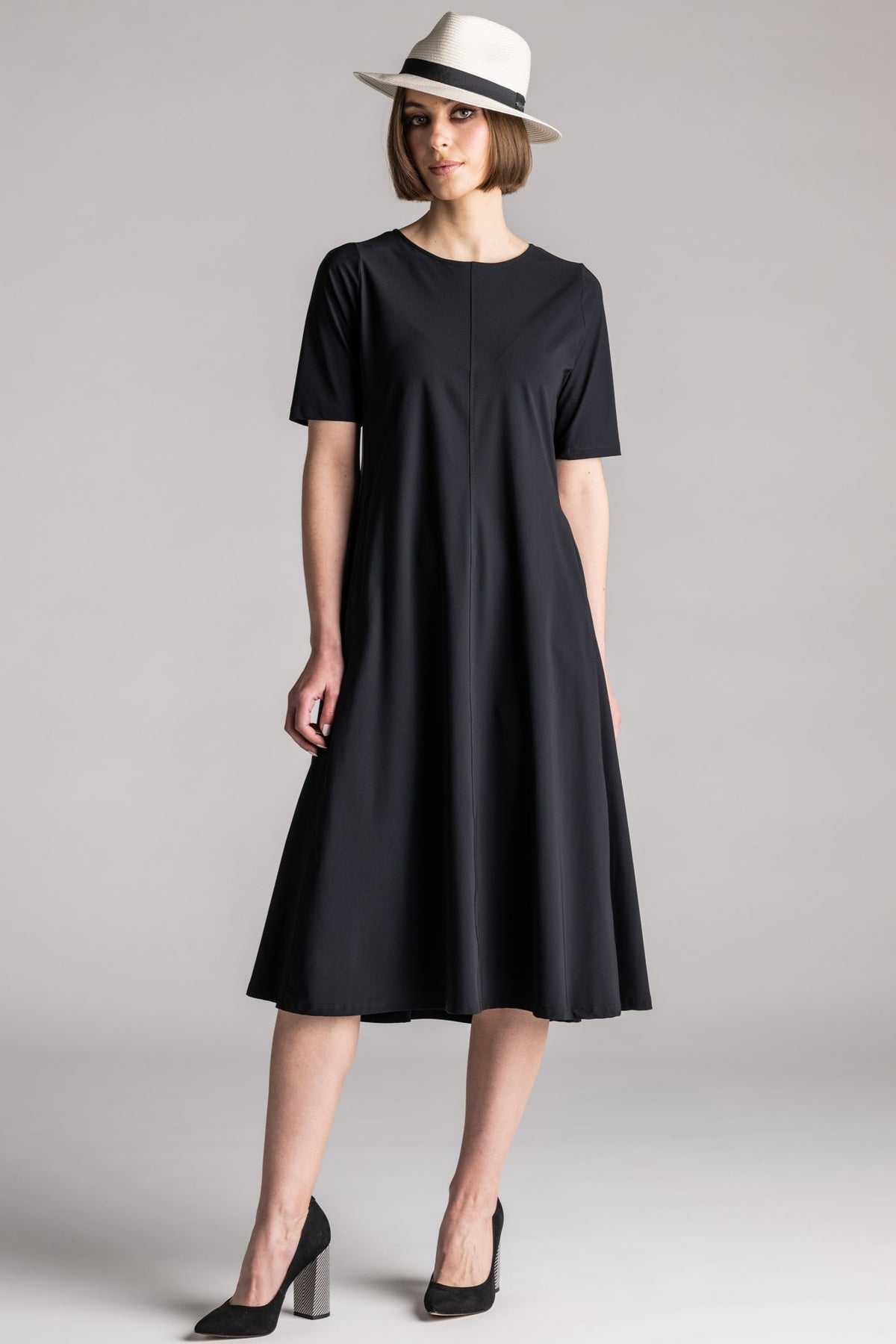 PAULA RYAN Crew Neck Swing Dress Microjersey - Black