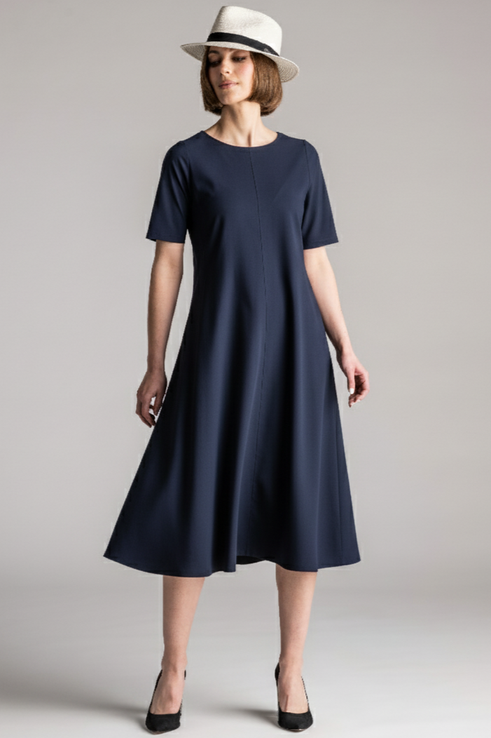 PAULA RYAN Crew Neck Swing Dress Microjersey - Navy