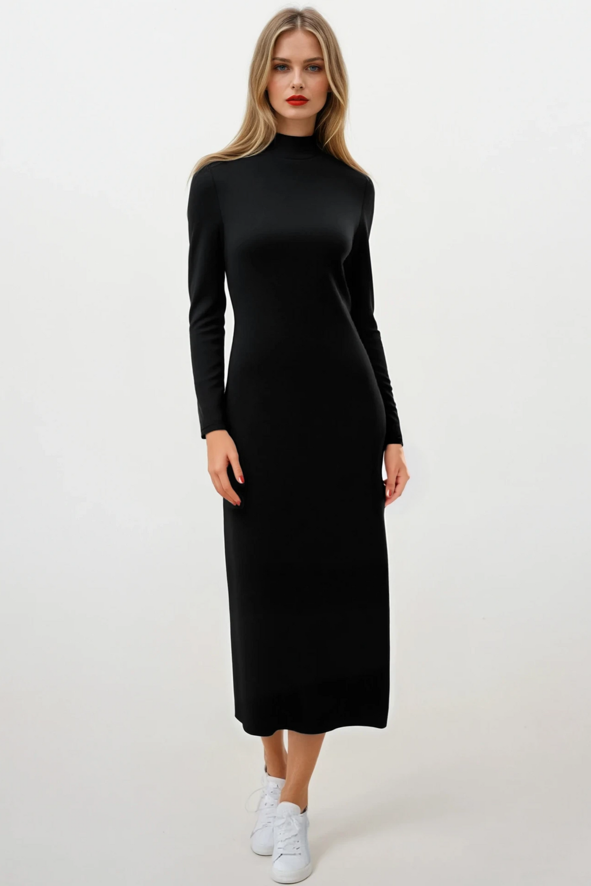 PAULA RYAN Polo Neck Sheath Dress - Black Merino - Paula Ryan