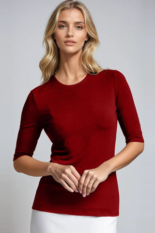 PAULA RYAN Slim Fit Half Sleeve Crew Neck - Red Merino