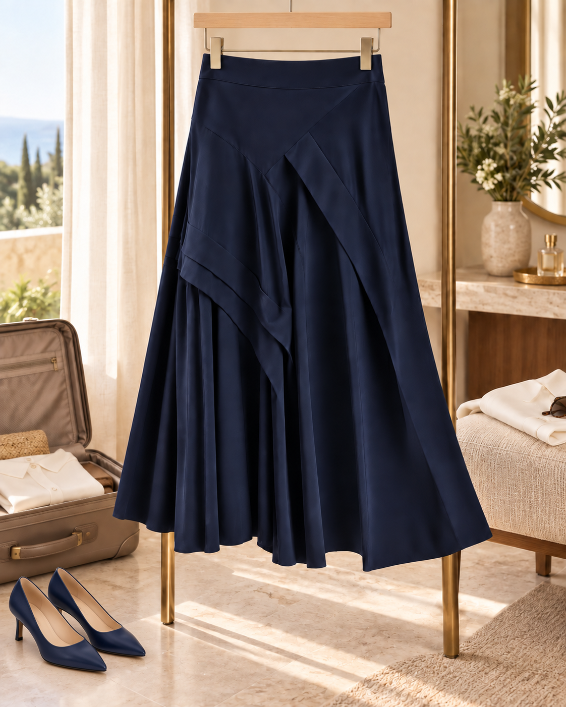 Navy Waterfall Skirt hanging in a dressing room beside a suitcase and navy heels