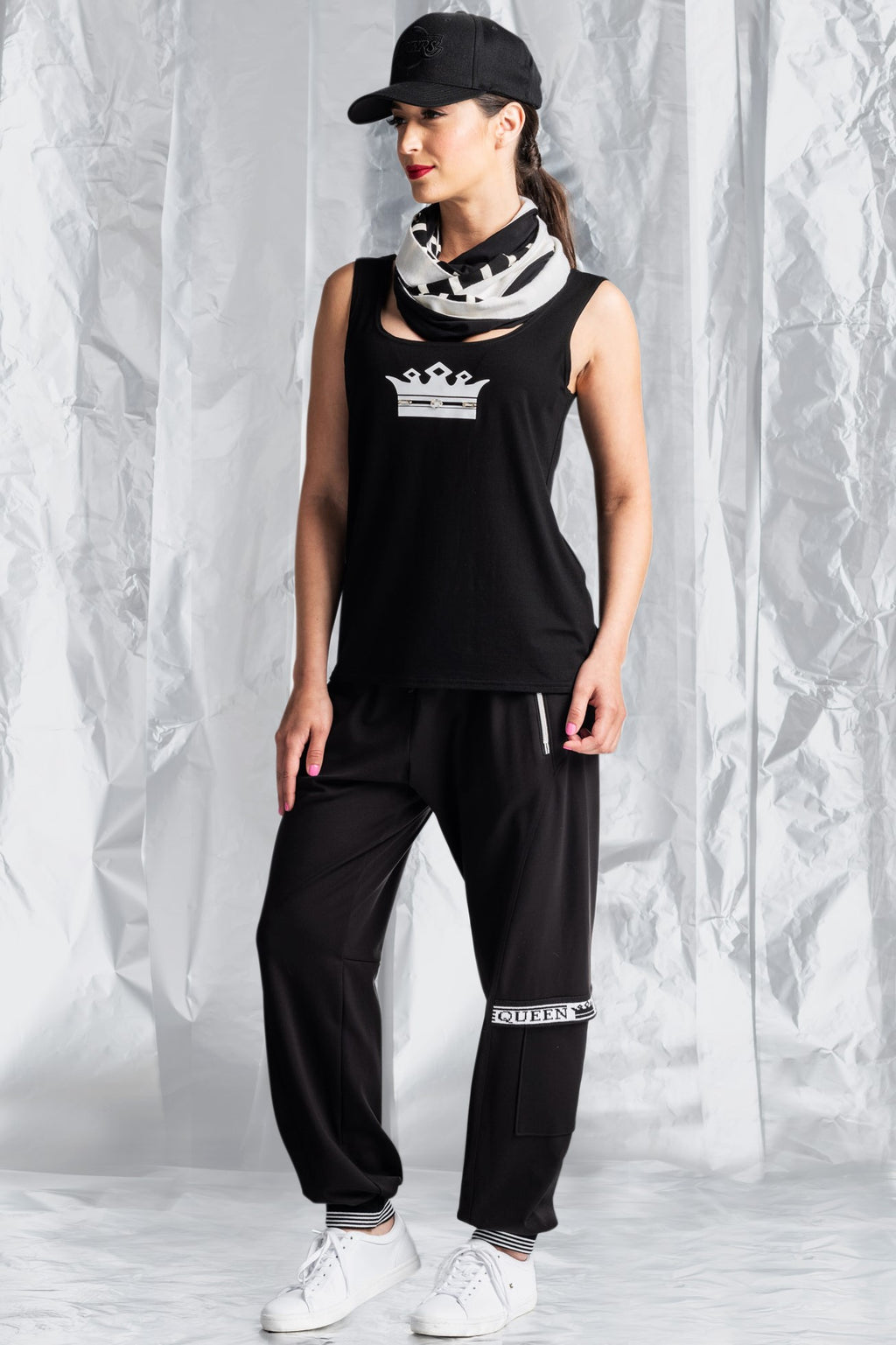 PAULA RYAN RELAXED Crown Print Swarovski Gem Singlet - Black/White - Paula Ryan