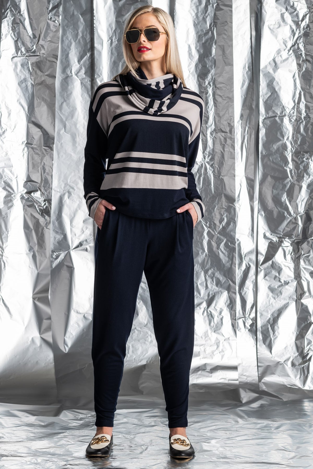 PAULA RYAN Ankle Pleat Merino Basque Pant -Navy - Paula Ryan