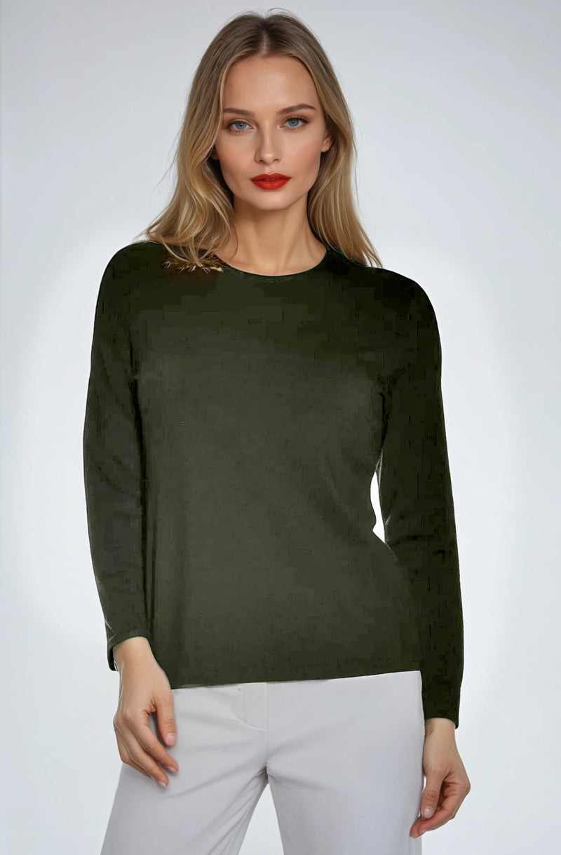 PAULA RYAN Easy Fit Crew Neck Top -  Khaki Merino