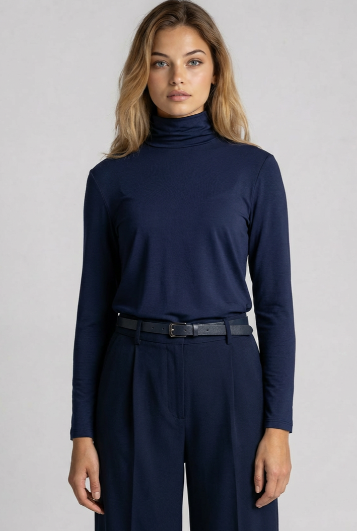 PAULA RYAN Zip Neck Long Sleeve Polo Top - EcoVero Navy