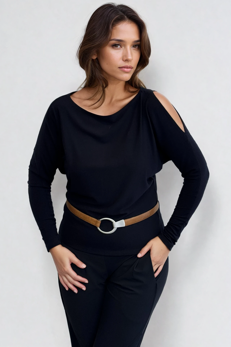 PAULA RYAN Cold Shoulder Batwing Top Merino - Navy - Paula Ryan