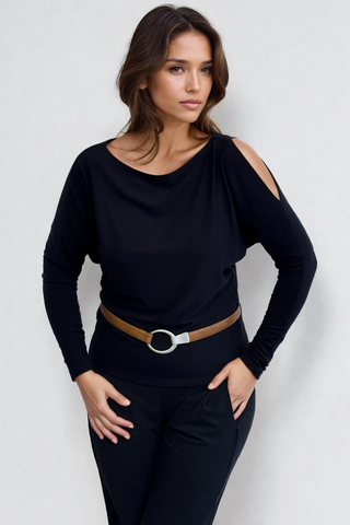 PAULA RYAN Cold Shoulder Batwing Top Merino - Navy
