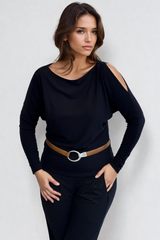 PAULA RYAN Cold Shoulder Batwing Top Merino - Navy