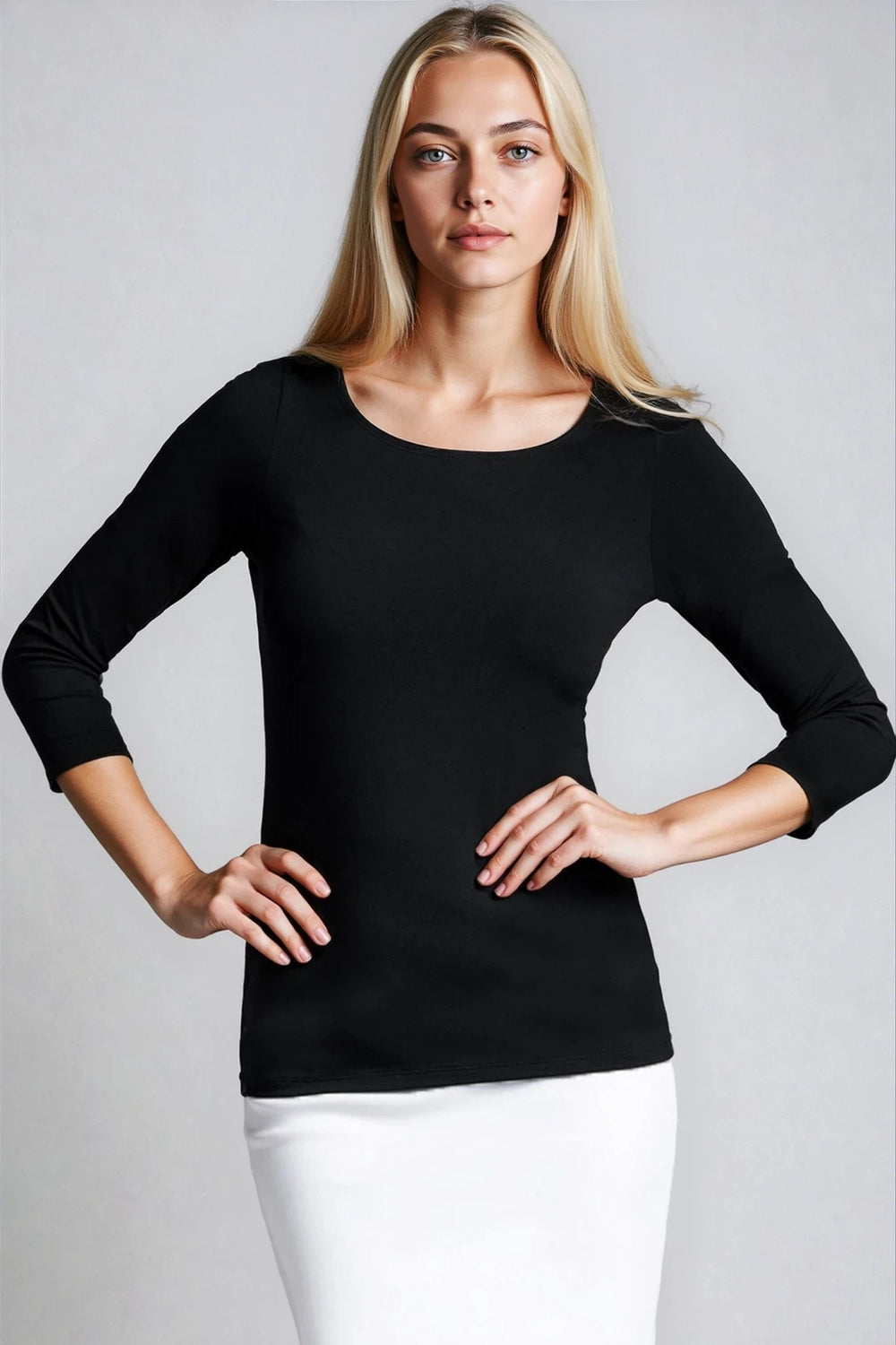 PAULA RYAN Slim Fit 3/4 Sleeve Wide Neck Top - EcoVero Black