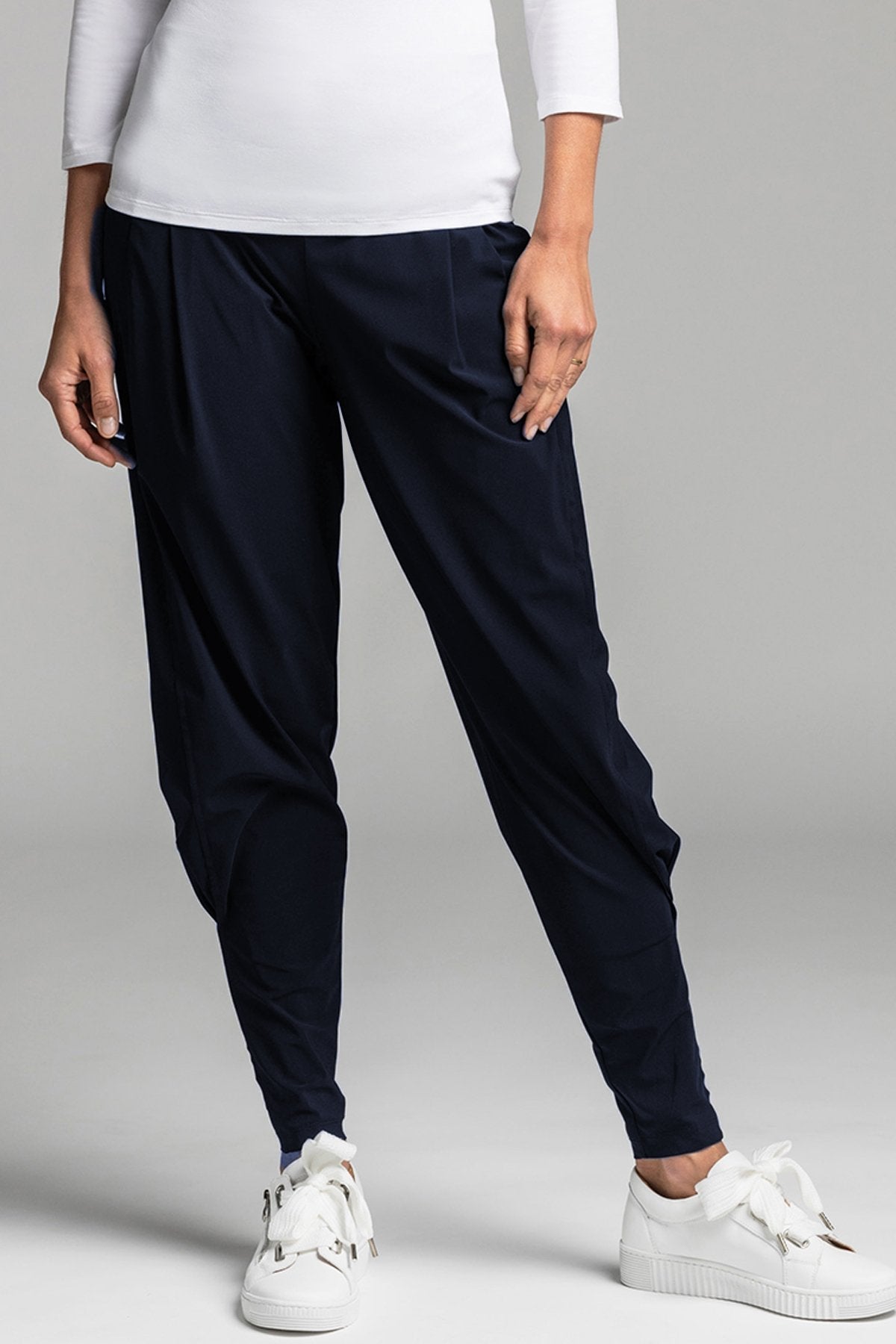 Basque Navy Microjersey Ankle Pleat Basque Pant in Navy | Paula Ryan