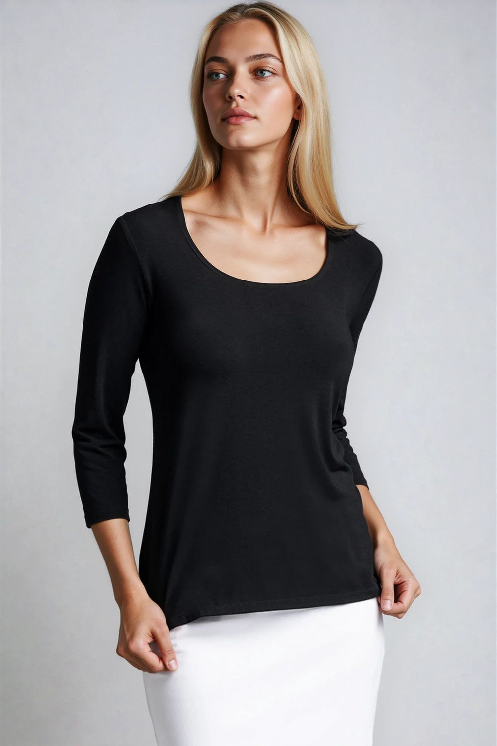 PAULA RYAN Easy Fit 3/4 Sleeve U Shape Neck Top - EcoVero Black