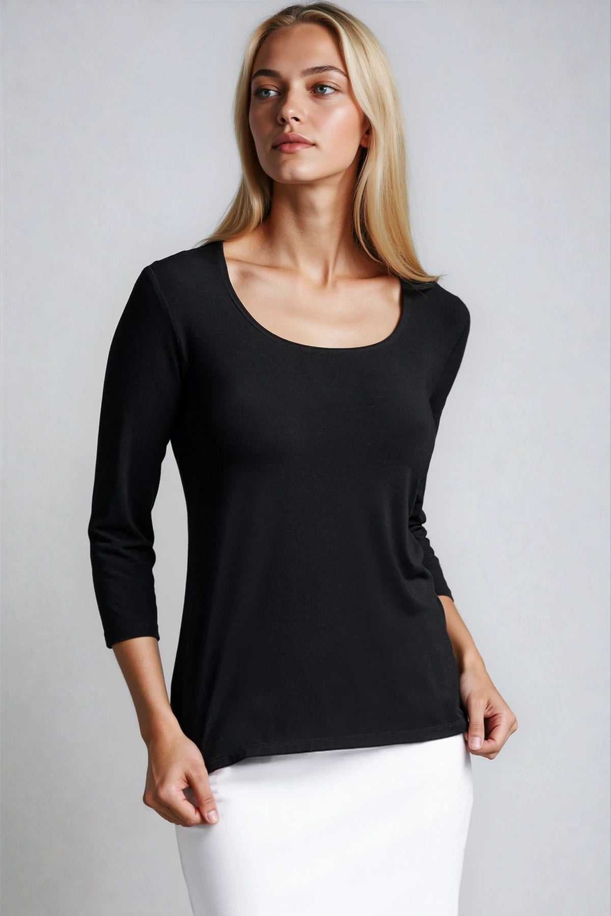 PAULA RYAN Easy Fit 3/4 Sleeve U Shape Neck Top - Eco Vero Black - Paula Ryan