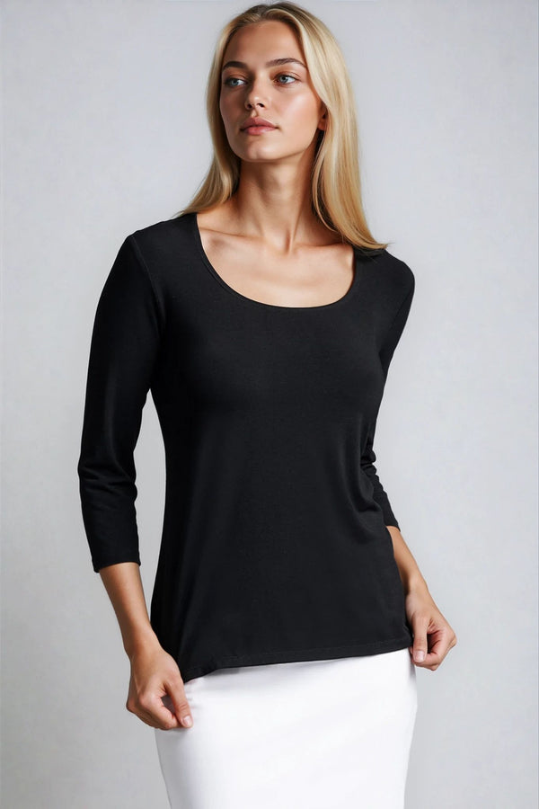 PAULA RYAN Easy Fit 3/4 Sleeve U Shape Neck Top - Eco Vero Black - Paula Ryan