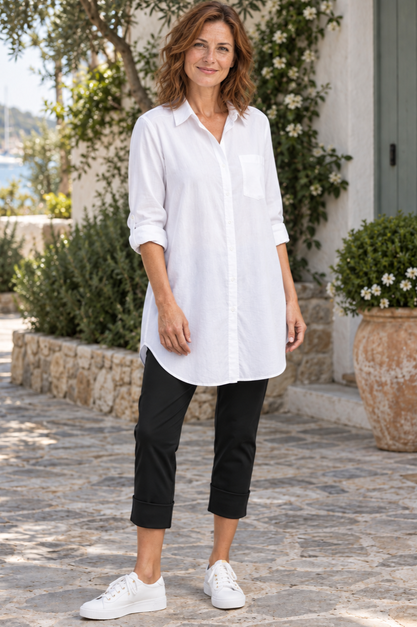 Black Wide Cuff Capri Pants styled with a white shirt