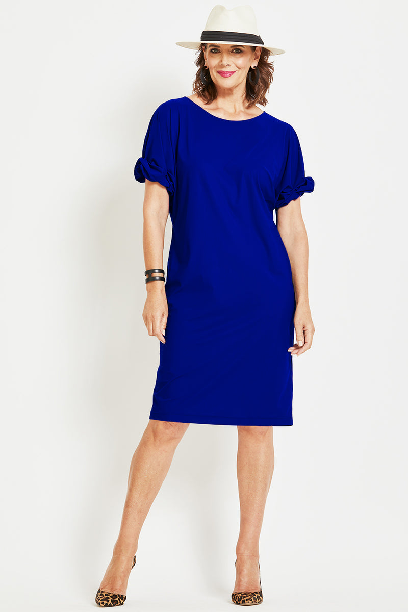 PAULA RYAN Ruched Sleeve Dress - Greek Blue Microjersey