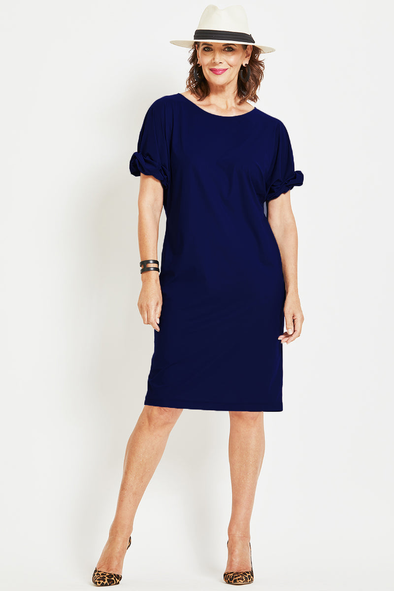 PAULA RYAN Ruched Sleeve Dress - Navy Microjersey