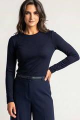PAULA RYAN Slim Fit Crew Neck Top - Merino Navy