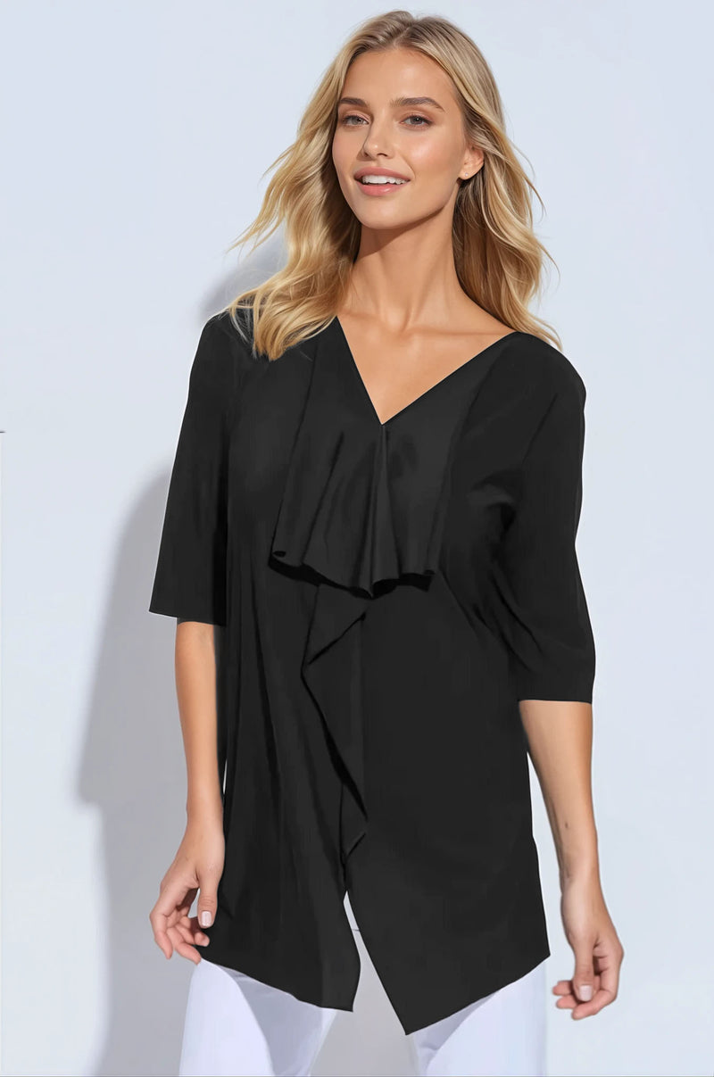 PAULA RYAN Half Sleeve Drape Front Top Superfine Microjersey - Black