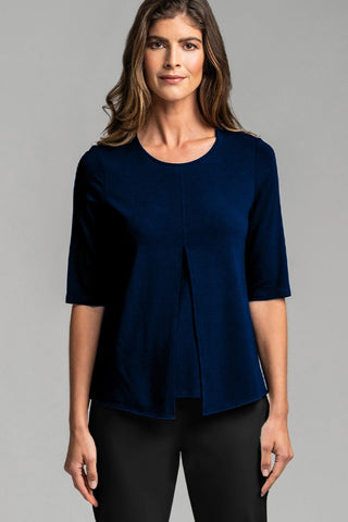 PAULA RYAN ESSENTIALS Box Pleat Half Sleeve Top - MicroModal Navy