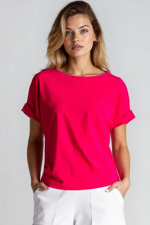 PAULA RYAN Ruched Sleeve Side Tuck Top - Microjersey Electric Pink