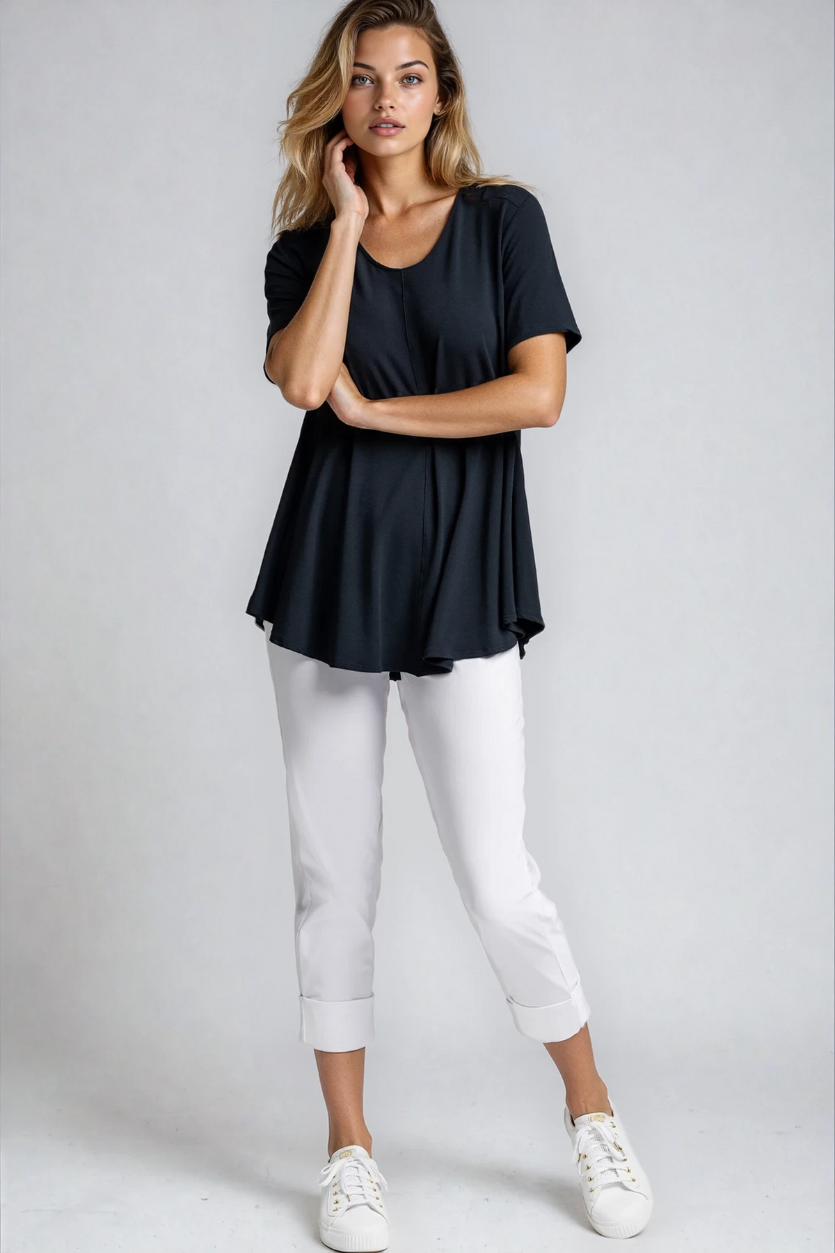 PAULA RYAN Wide Cuff Capri Pant - Microjersey White