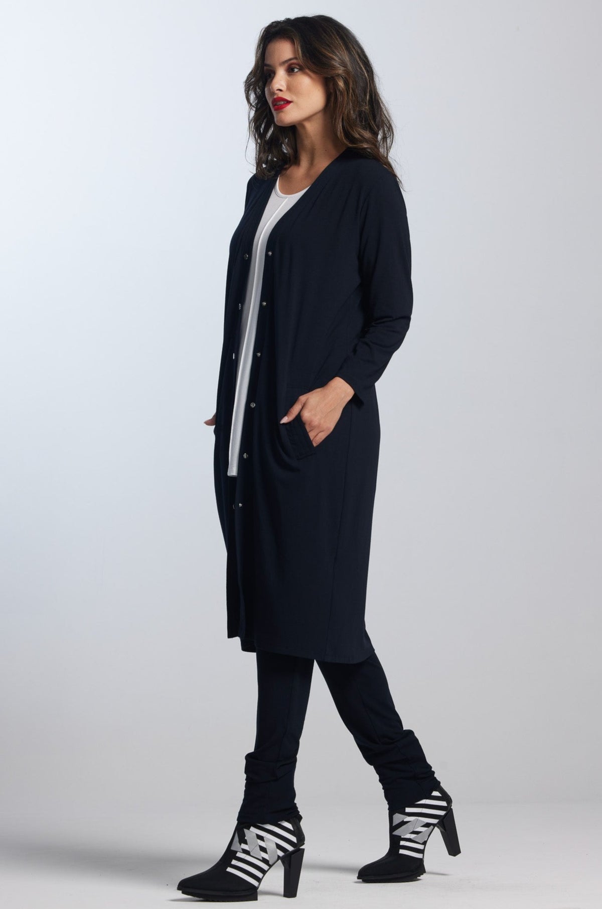 PAULA RYAN Merino Dome Front Shaped Cardigan French Navy - Merino Stretch - Paula Ryan