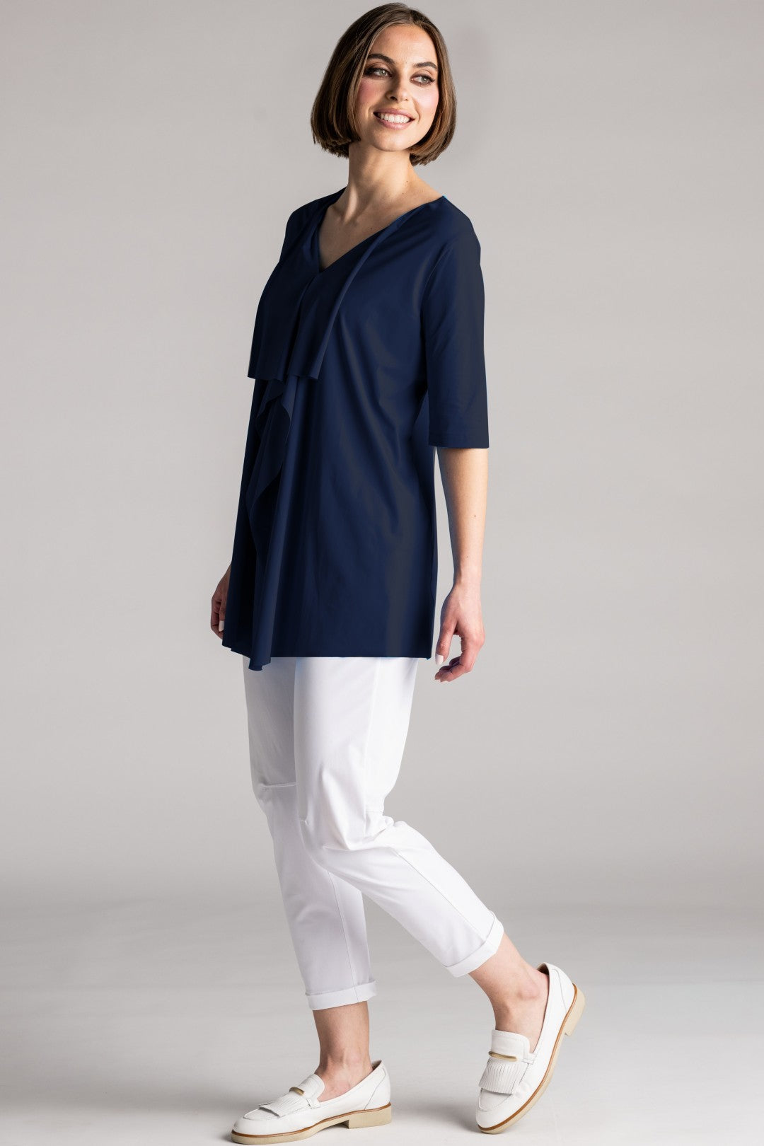 PAULA RYAN Drape Front Top Superfine Microjersey - Navy