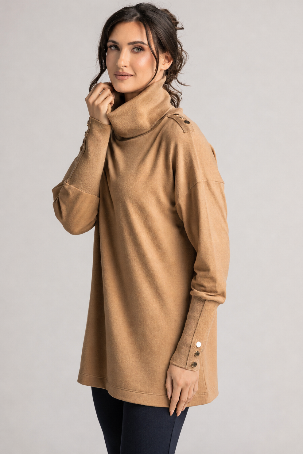 PAULA RYAN Gold Studded Roll Neck Tunic - Camel Merino