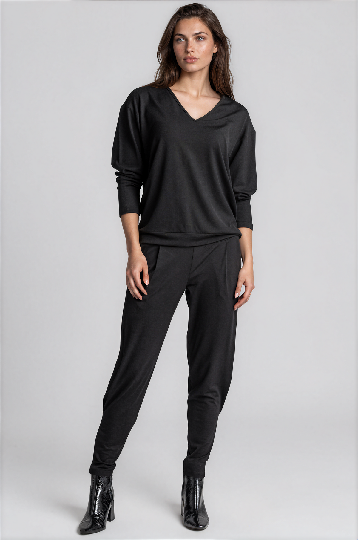 PAULA RYAN Ankle Pleat Basque Pant - Microjersey Black TALL
