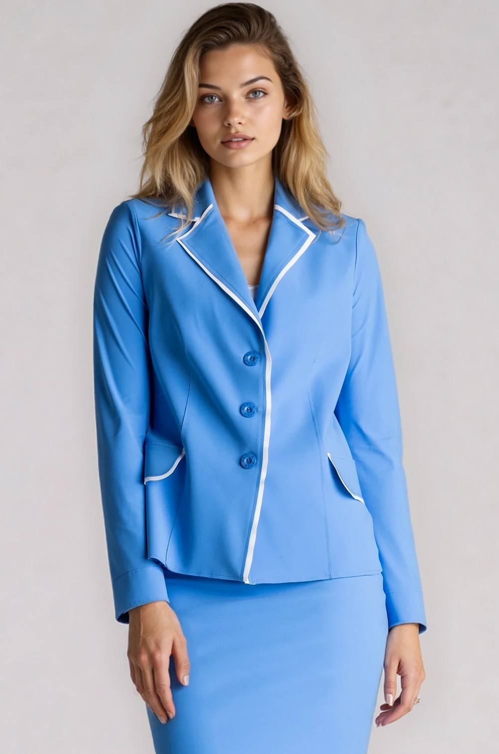 PAULA RYAN Contrast Trim Blazer - Cornflower/White Microjersey
