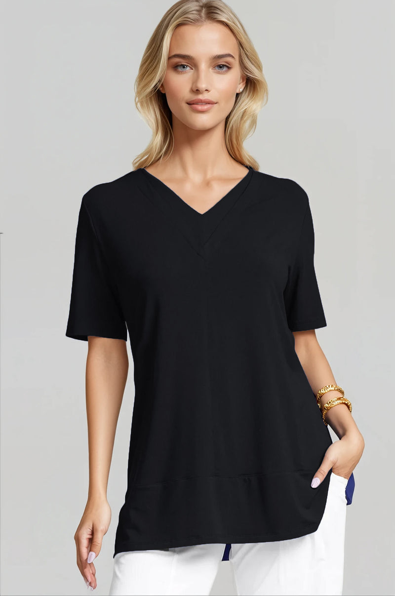 PAULA RYAN Double V Neck Top – Micromodal Black