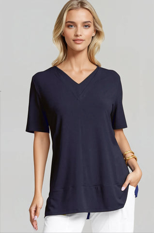 PAULA RYAN Double V Neck Top – Micromodal Navy