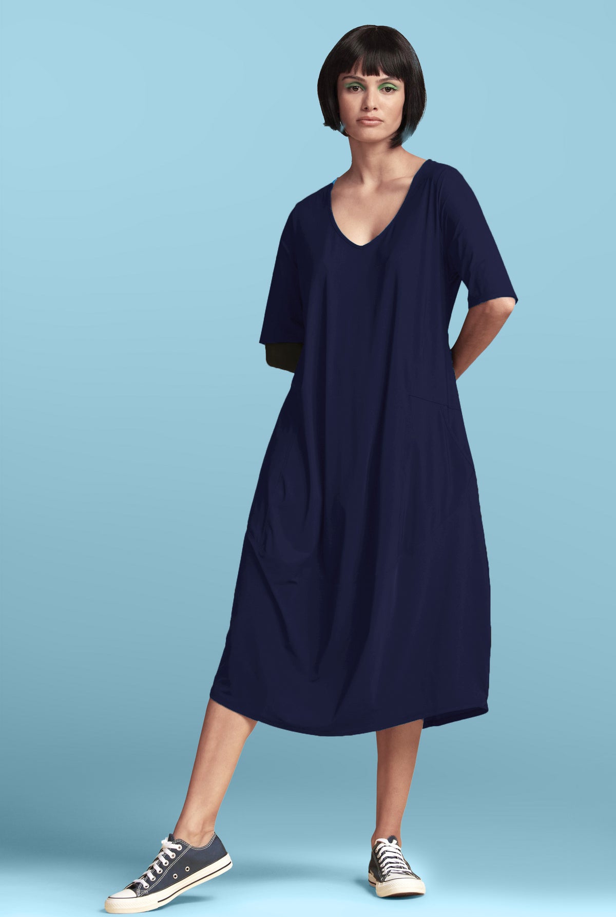 PAULA RYAN Half Sleeve Tulip Dress - Navy - Microjersey - Paula Ryan