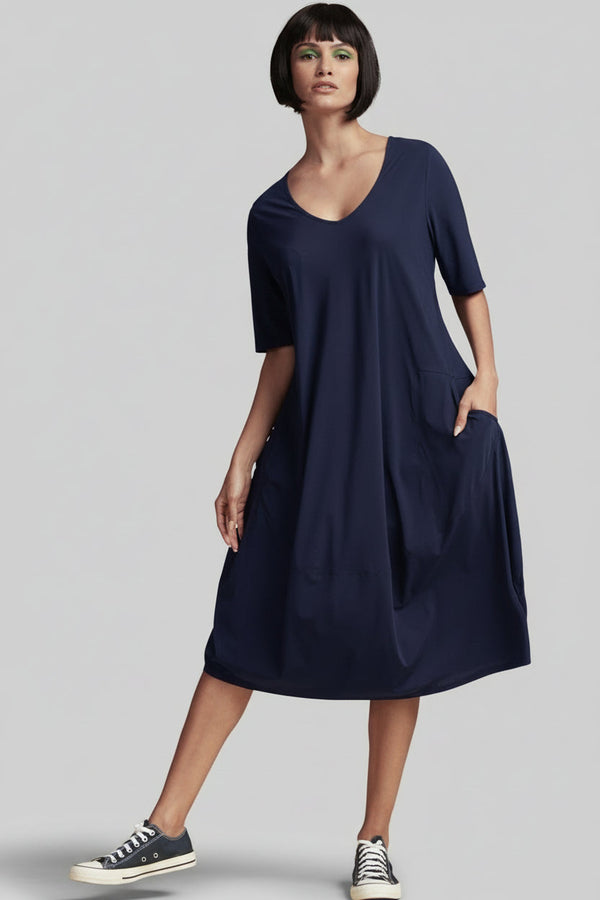 PAULA RYAN Half Sleeve Tulip Dress - Navy - Microjersey - Paula Ryan