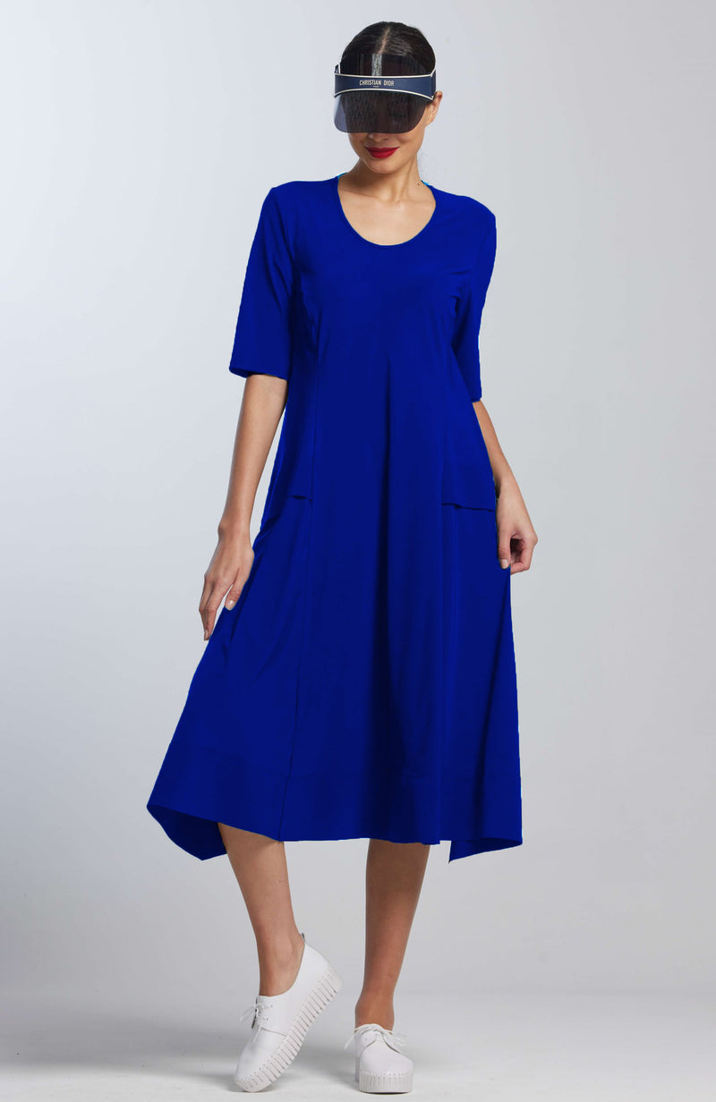 PAULA RYAN A-line Half Sleeve Tab Dress - Greek Blue Microjersey - Paula Ryan