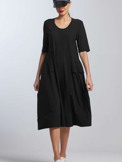 PAULA RYAN A Line Half Sleeve Tab Dress - Black - Microjersey - PREORDER - Paula Ryan
