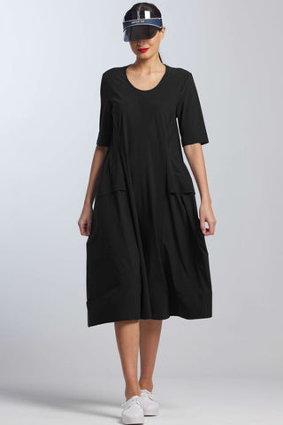 PAULA RYAN A-Line Half Sleeve Tab Dress - Black - Microjersey
