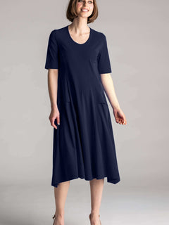 PAULA RYAN A-Line Half Sleeve Tab Dress - Navy - Microjersey - Paula Ryan