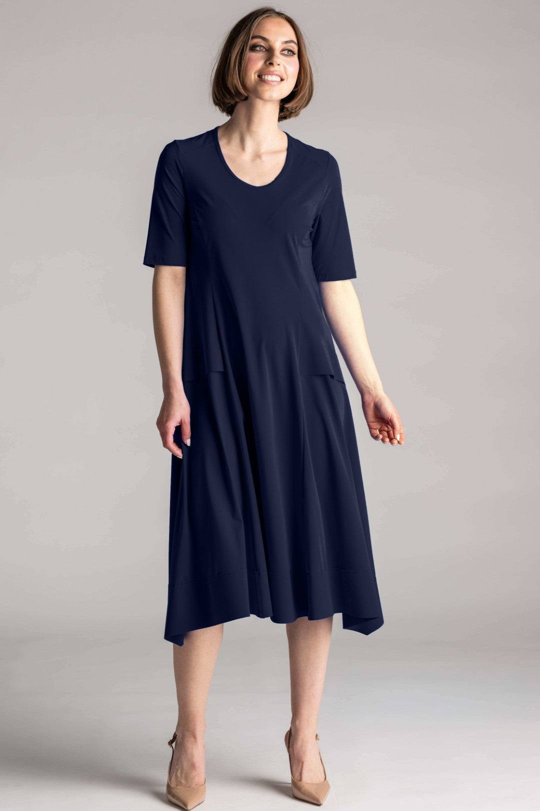 PAULA RYAN A-Line Half Sleeve Tab Dress - Navy - Microjersey - Paula Ryan