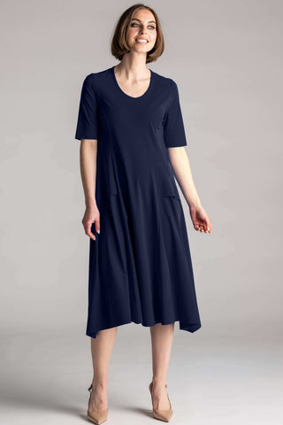 PAULA RYAN A-Line Half Sleeve Tab Dress - Navy - Microjersey
